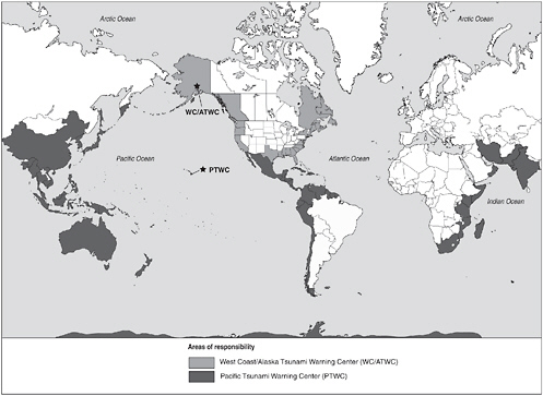 FIGURE 5.1 Areas of responsibility (AORs) for the PTWC (dark gray) and the WC/ATWC (light gray). SOURCE: Government Accountability Office, 2010.