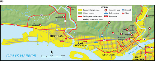 FIGURE D.3 Tsunami evacuation maps for (A) Aberdeen and Hoquiam, Washington, SOURCE: with permission from Washington Department of Natural Resources, Division of Geology and Earth Resources, (B) Seaside, Oregon, SOURCE: http://www.oregongeology.org/sub/default.htm; image courtesy of DOGAMI, (C) Mayaguez, Puerto Rico, SOURCE: http://redsismica.uprm.edu/spanish/Noticias/TsunamiMap_Pub.pdf; with permission from Puerto Rico Seismic Network Tsunami and Educational Outreach Program, and (D) Hilo, Hawaii, SOURCE: http://www.pdc.org/Disaster-Info/Shelters/CDmaps/HawaiiCounty/H-map01.html; with permission from Kevin Richards; Hawaii State Civil Defense.