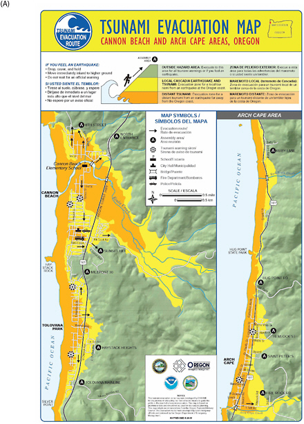 FIGURE D.4 (A) Tsunami evacuation map of Cannon Beach and Arch Cape areas, Oregon and (B) text included in evacuation map brochure for helping individuals to prepare for two types of tsunamis on the Oregon coast. SOURCE: http://www.oregongeology.org/sub/default.htm; image courtesy of DOGAMI.