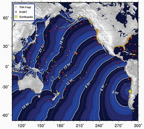 FIGURE J.1 Travel times for the February 27, 2010, Chilean tsunami. SOURCE: http://wcatwc.arh.noaa.gov/previous.events/Chile_02-27-10/Images/traveltime.jpg; West Coast/Alaska Tsunami Warning Center, NOAA.