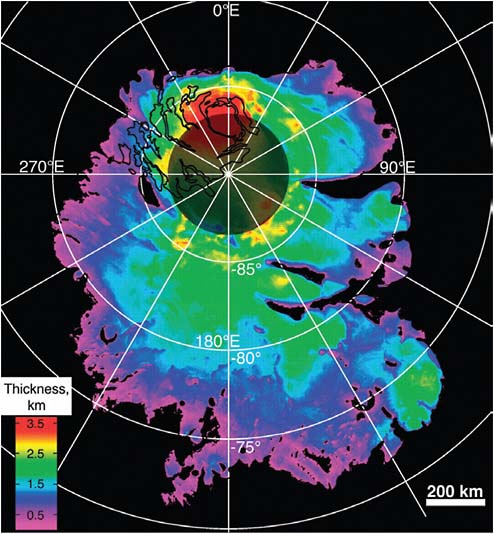 FIGURE 6.22 Map of the thickness of the southern polar layered deposits of Mars from MARSIS and MOLA surface topography. SOURCE: Courtesy of NASA/JPL/ASI/ESA/University of Rome/MOLA Science Team/USGS.