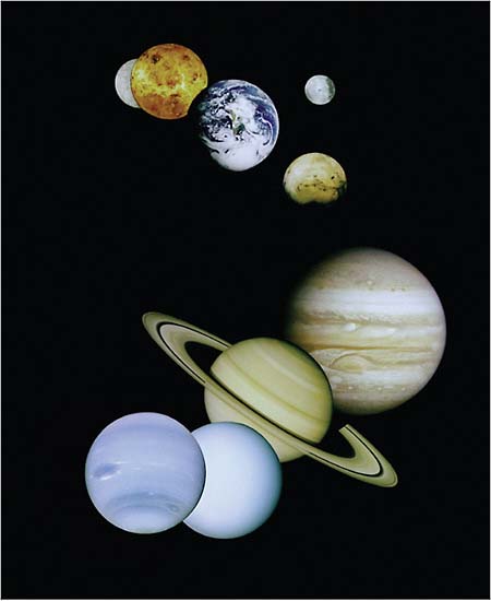 FIGURE 7.3 The planets. The rocky terrestrial planets, Mercury, Venus, Earth, and Mars, are at the top with the Moon. The lower four are the giant outer planets, Jupiter, Saturn, Uranus, and Neptune (not to scale). SOURCE: Courtesy of NASA/JPL.