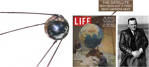 FIGURE 9.5 Left to right: Sputnik 1 (courtesy of NASA National Space Science Data Center); Smithsonian Observatory scientists working at Massachusetts Institute of Technology trying to calculate Sputnik’s orbit, cover of LIFE magazine, October, 21, 1957 (photo by Dmitri Kessel/Life Magazine, Copyright Time Inc./Time Life Pictures/Getty Images); and Sergey Korolyov (courtesy of NASA).