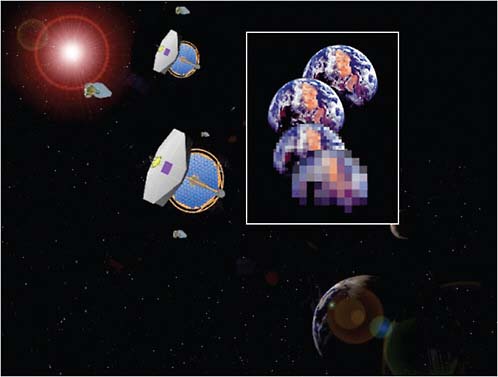 FIGURE 3.12 Multiple space telescopes flying in formation, positioned at SEL2, and coherently linked optically through laser metrics, may someday be able to resolve and image Earth-like planets around nearby stars. SOURCE: Courtesy of NASA.