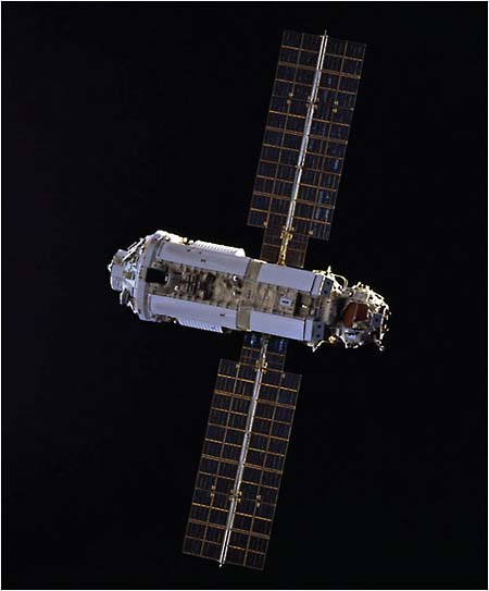 FIGURE 4.7 International Space Station functional cargo block—first element. ISS Zarya module as seen from STS-88. SOURCE: Courtesy of NASA.