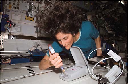 FIGURE 4.12 Astronaut Sunita L. Williams, Expedition 14 flight engineer, works with the Lab-on-a-Chip Application Development-Portable Test System (LOCAD-PTS) experiment in the Destiny laboratory of the International Space Station. SOURCE: Courtesy of NASA.