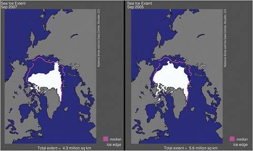 FIGURE 6.7 Average arctic sea ice extent for September 2007 (left) and September 2005 (right). National Snow and Ice Data Center.