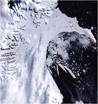 FIGURE 6.10 The Larsen ice shelf as seen by MODIS on February 23, 2002. SOURCE: NASA/Goddard Space Flight Center and Scientific Visualization Studio.