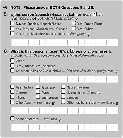 FIGURE 3-1 Reproduction of questions on race and Hispanic origin from Census 2000.