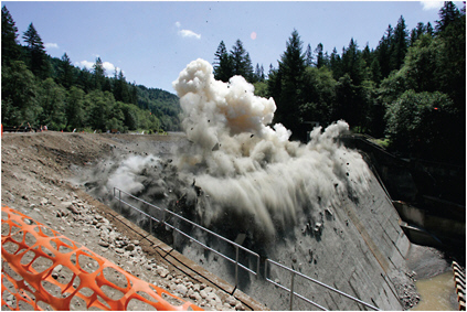Aging infrastructure, combined with shifting technological practices and environmental values, has contributed to environmental restoration efforts that include dam removal and stream restoration. Here, the 15-meter-high Marmot Dam on the Sandy River is destroyed in July 2007. This hydroelectric dam was built in the early twentieth century, but was no longer in operation. Sediment stored in the reservoir to the level of the dam breast was rapidly mobilized once the dam was breached, leading to a sudden pulse of sediment downstream. Nevertheless, salmon migrated upstream past the dam site within several days of its breaching. SOURCE: Portland General Electric.