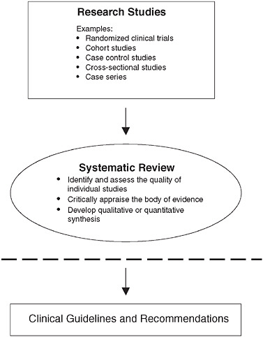 Continuum from research studies to systematic review to development of clinical guidelines and recommendations.