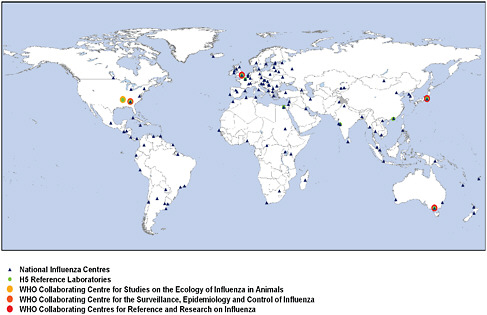 FIGURE 4-5 WHO Global Influenza Surveillance Network (GISN), July 2008.