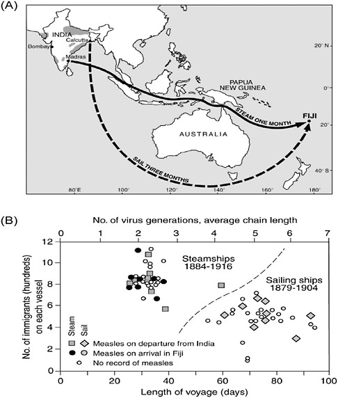 FIGURE 1-4 Measles outbreaks associated with two modes of international travel.