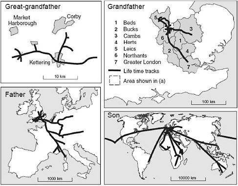 FIGURE 2-3 Life travel over four male generations in the same family.