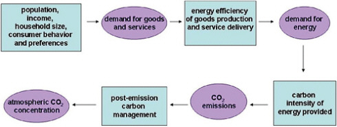 FIGURE 4.2 The chain of factors that determine how much CO2 accumulates in the atmosphere. The blue boxes represent factors that can potentially be influenced to affect the outcomes in the purple circles. SOURCE: NRC (2010c).