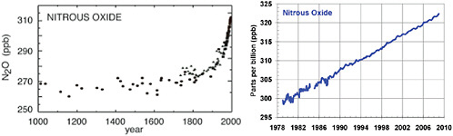 FIGURE 6.6 N2O concentrations in the atmosphere, in parts per billion (ppb), (left) during the last millennium, and (right) since 1979. SOURCES: Etheridge et al. (1996) and NOAA/ESRL (2009).
