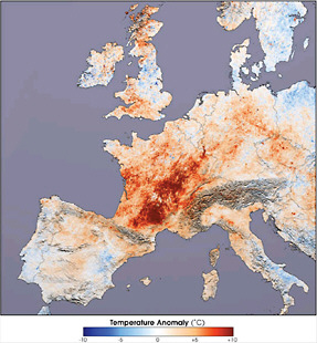 The 2003 summer heat wave in Europe. Colors indicate differences in daytime surface temperature between July 2003 and July 2001. Dark red areas across much of France indicate that temperatures in 2003 were as much as 10°C (18°F) higher than in 2001. SOURCE: Earth Observatory, NASA (http://earthobservatory.nasa.gov/NaturalHazards/view.php?id=11972).