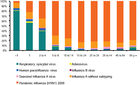FIGURE A13-10 Distribution of respiratory viruses by age group, Argentina 2009.