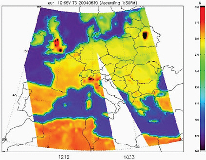 FIGURE 2.17 Expanded region of Europe shown by the Advanced Microwave Scanning Radiometer-Earth (AMSR-E) brightness temperatures at 10.65 GHz indicating the dependence of radio frequency interference (RFI) on political boundaries. RFI can be seen in England, Italy, and Belarus, whereas other countries appear to show none. These instances show the critical role of informed frequency managers and assigners within their respective jurisdictions for limiting impact between services of shared spectrum segments. AMSR-E data are produced by Remote Sensing Systems and sponsored by the NASA Earth Science MEaSUREs DISCOVER Project and the AMSR-E Science Team. Data are available at www.remss.com.