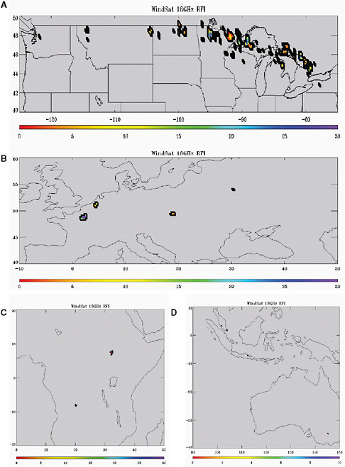 FIGURE 2.20 Cumulative analysis over a 5 year period of WindSat 18.6-18.8 GHz horizontally polarized data indicates sparse occurrences of strong radio frequency interference impacting 18 GHz brightness-temperature measurements over land: (A) North America, (B) Europe, (C) Central Africa, and (D) Southeast Asia/Oceania. Courtesy of the U.S. Naval Research Laboratory.
