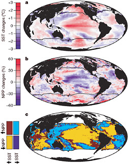 FIGURE 1.6.1 Reprinted by permission from Macmillan Publishers Ltd.: Nature, M.J. Behrenfeld, R.T. O’Malley, D.A. Siegel, C.R. McClain, J.L. Sarmiento, G.C. Feldman, A.J. Milligan, P.G. Falkowski, R.M. Letelier, and E.S. Boss, Climate-driven trends in contemporary ocean productivity, Nature 444:752-696, Copyright 2006.