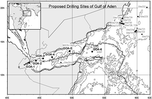 FIGURE 4.6 Sites (GOA-1 to GOA-6) proposed for Integrated Ocean Drilling Program (IODP) drilling in the Gulf of Aden. SOURCE: Unpublished IODP drilling proposal 724-FULL; deMenocal et al. (2007).