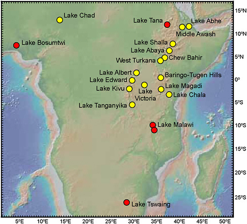 FIGURE 4.7 Map showing African lakes and paleolakes that have been drilled (red circles) or are the subject of drilling proposals or discussions (yellow circles).