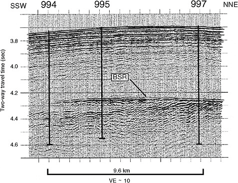 FIGURE 2.5 Seismic reflection profile (CH-06-92 Line 31) across the Blake Ridge along which the Ocean Drilling Program Leg 164 drilled a three-hole transect to identify the origins of the BSR. SOURCE: Charles Paull.