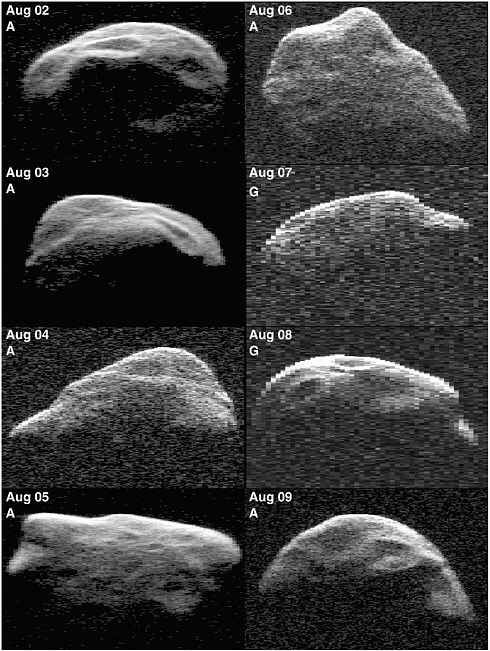 FIGURE 4.2 Arecibo (A) and Goldstone (G) radar images of near-Earth asteroid 1999 JM8. Illumination is from the top; range increases downward, and the wavelength of the echoes of the radio waves increases to the left. This asteroid is a very slow rotator, with a period of about a week. Each panel corresponds to a sum of images from the referenced 1999 August date. With a diameter of about 7 kilometers, 1999 JM8 is among the largest known near-Earth asteroids. SOURCE: L.A.M. Benner, S.J. Ostro, M.C. Nolan, J.-L. Margot, J.D. Giorgini, R.S. Hudson, R.F. Jurgens, M.A. Slade, E.S. Howell, D.B. Campbell, and D.K. Yeomans, 2000, Radar observations of asteroid 1999 JM8, Meteoritics and Planetary Science 37:779-792. Copyright 2002 by the Meteoritical Society.