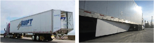 FIGURE 5-11 ATDynamics trailer tail (left) and FreightWing trailer skirt (right). SOURCE: Courtesy of Freight Wing.