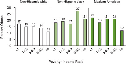 FIGURE 1-4 Percent of children and youth aged 2-19.9 who are obese (defined as BMI ≥ 95th percentile based on CDC growth charts), by family poverty−income ratio.