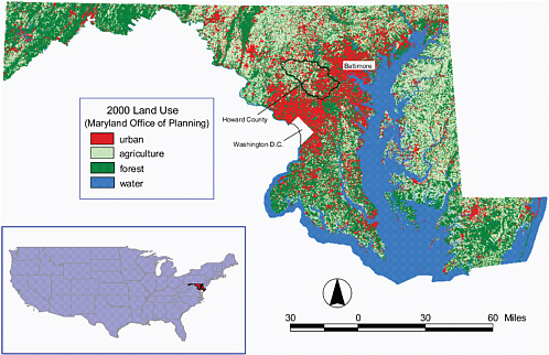 FIGURE 2.3 Land use in Maryland in 2000. Note the fragmentation of forested and agricultural land on the outskirts of the Baltimore-Washington metropolitan area, which Irwin and Bockstael show from longitudinal data has been ongoing since the 1970s. Also, the increasing concentration of urban development along the shores of the Chesapeake Bay reflects an influx of development because of the commercial and recreational amenities of the ecologically sensitive waterway. Urban growth is in this case affecting both terrestrial and estuarine ecosystems. SOURCE: Irwin and Bockstael (2007).