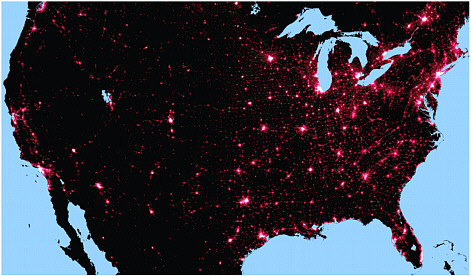 Nighttime lights in North America. SOURCE: National Atlas online database. Available at www.nationalatlas.gov/atlasftp.html#nitelti (accessed January 20, 2010).