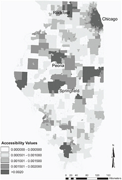 FIGURE 6.4 Spatial access to primary care in Illinois by ZIP code based on the 2-Stage Floating Catchment Area method. Light tones indicate poor spatial access to primary care. The map was created as part of a study examining the combined effects of spatial access and socioeconomic factors on breast cancer diagnosis. The results showed that poor geographical access to primary health care had significantly increased the risk of late diagnosis. The study also showed that spatial access to primary health care was more important than similar access to mammography. SOURCE: Wang et al. (2008).