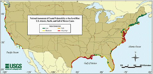 FIGURE 9.2 Focusing just on areas that are at “very high” risk from sea-level rise in one country is suggestive of the potential for rising sea levels to alter coastlines and disrupt the lives and livelihoods of people. SOURCE: USGS (2007).