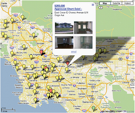 A map of houses currently listed for sale in the $150,000-300,000 price range by Craigslist for part of Los Angeles. This www.housingmaps.com mashup combines Craigslist data with Google Maps. SOURCE: www.housingmaps.com.