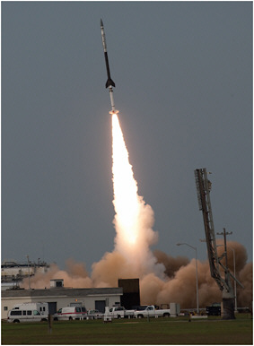FIGURE 4.1 A Black-Brant IX launches from Wallops Island Flight Facility carrying an Inflatable Re-entry Vehicle Experiment (IRVE) payload. SOURCE: Sean Smith, NASA Langley Research Center.