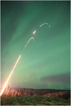 FIGURE 4.3 Rocket launch into the aurora from the Andoya Rocket Range, Norway. The time-lapse image shows the multiple motor stages through burn-out. SOURCE: Courtesy of NASA Wallops Flight Facility.