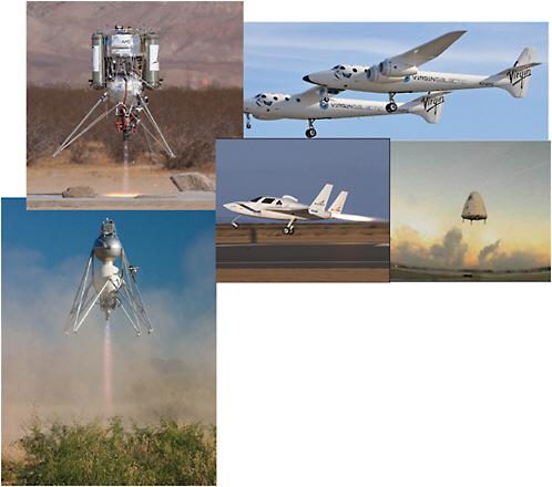 FIGURE 7.1 Montage of commercial suborbital spacecraft test, demonstration, and prototype vehicles. Clockwise from upper left: Masten Space Systems’s XA-0.1 E, Xombie (courtesy of Masten Space Systems); Virgin Galactic WhiteKnightTwo carrier aircraft prototype VMS Eve (courtesy of Bill Deaver, Mojave Desert News); Blue Origin’s Goddard vehicle (courtesy of Blue Origin LLC); XCOR Aerospace’s Rocket Racer (courtesy of XCOR Aerospace and Rocket Racing League, photo by Mike Massee); and Armadillo Aerospace’s Scorpius from the 2008 Northrop Grumman Lunar Lander Challenge (courtesy of Armadillo Aerospace).