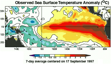 FIGURE 1.2 Sea surface temperature (SST) anomalies in the equatorial Pacific Ocean for a period during Fall 1997. This pattern is characteristic of a large amplitude El Niño event. SOURCE: CPC/NCEP/NOAA.