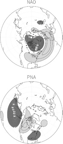 FIGURE 3.4 Example of two teleconnection patterns (North Atlantic Oscillation (NAO); Pacifc-North American pattern (PNA)), shown as anomalies in the 500-hPa geopotential height field. Dark shading indicates negative anomalies, and light shading indicates positive anomalies.The patterns emerge from a rotated Empirical Orthogonal Function analysis of monthly mean 500-hPa geopotential heights. Contour interval is 10 m. SOURCE: Johansson (2007).