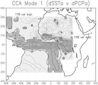 FIGURE 3.5: Patterns relating errors in SST to errors in precipitation. Dark gray areas in the ocean indicate areas of “warm” errors; lighter shading indicates “cold” errors. Over land, dark gray indicates “wet” errors; lighter shading indicates “dry” errors that accompany the pattern of errors in SST. Contours are in normalized units, with a 0.1 contour interval. SOURCE: Goddard and Mason (2002).