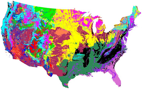 FIGURE 3-1 Human-impacted water environment classes in the continental United States, based on land slope, bedrock permeability, soil permeability, air temperature, precipitation, land cover, population density, and water use.