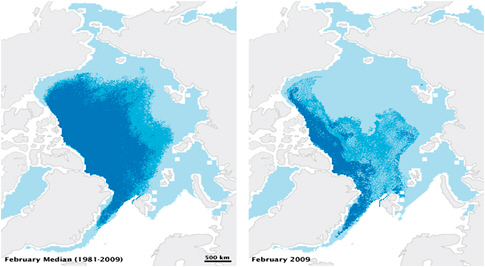 FIGURE 1.2 Climate measurements indicate that Arctic sea ice is shrinking and thinning. These Arctic maps show the median age of February sea ice, 1981–2009 (left) and February 2009 (right). As of February 2009, ice older than 2 years accounted for less than 10 percent of the ice cover. (Dark blue represents multiyear ice.) SOURCE: National Snow and Ice Data Center (NSIDC), University of Colorado, Boulder; data provided by James Maslanik and Charles Fowler, Colorado Center for Astrodynamics Research, Aerospace Engineering Sciences, University of Colorado.