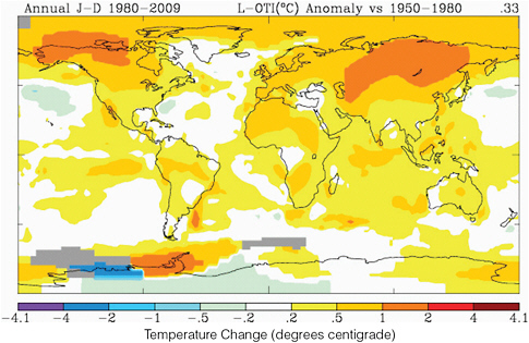 FIGURE 2.4 Regional variation in global temperature trends over the past 30 years. Yellow, orange, and red designate average increase in temperate (ºC) from 1980 through 2009, compared with the previous three decades. Warming has been the greatest in the Northern Hemisphere. SOURCE: NASA Goddard Institute for Space Studies, http://data.giss.nasa.gov/gistemp/.