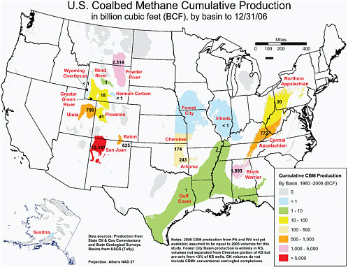 FIGURE 1.3 Sedimentary basins with CBM resources in the United States show the highest concentrations in the western United States. The Powder River, San Juan, Uinta, Piceance, and Raton basins comprise the largest currently known western U.S. recoverable resources and proved reserves (see Figure 1.4). SOURCE: EIA (2007).
