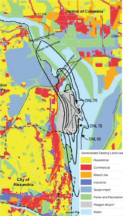 FIGURE 7-1 Contour map showing Day-Night Average Sound Levels (DNL) around Ronald Reagan National Airport in Washington, D.C. Source: Reprinted with permission of EA Engineering, Science and Technology.