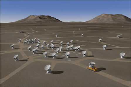 FIGURE 6.4 Artist’s conception of the ALMA array with roads, in the extended configuration. SOURCE: ALMA (ESO/NAOJ/NRAO).