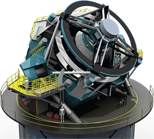FIGURE 7.8 LSST has a three-mirror design with the primary and tertiary mirror combined and cast from a single blank. Preliminary grinding is already underway, and the secondary mirror has also been cast. An important figure of merit for a survey telescope is the etendue, which is the product of the field of view and the area. This is 320 m2 degree2 for LSST. The 3 GPx camera will read out in less than 2 seconds every 15 seconds, and more than 100 petabytes of data will be accumulated over the 10-year project lifetime. The limiting magnitude in a single visit is r = 24.5. The camera pixel scale is roughly 0.2 arcsecond, and the median seeing at the site is roughly 0.67 arcsecond. SOURCE: LSST Corporation.