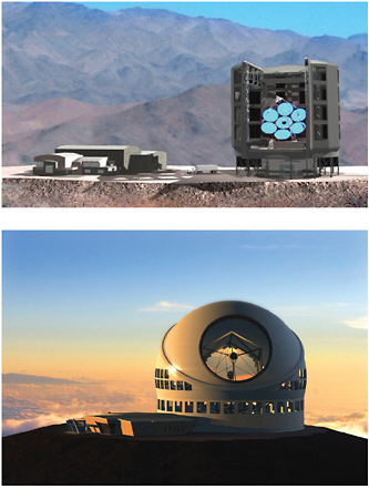 FIGURE 7.9 The two U.S. Giant Segmented Mirror Telescope projects. Upper: The Giant Magellan Telescope is a 25-meter-class telescope comprising seven 8.4-meter subapertures, one of which is already undergoing polishing. Laser tomography will provide adaptive optics correction in small fields over much of the sky, and correction for ground-level seeing will be incorporated over large fields. The baseline project includes an initial suite of three to four instruments to be selected in 2011 from eight concepts currently in development. Artist’s rendering of GMT and support facilities at Las Campanas, Chile. SOURCE: Courtesy of GMTO; image by Todd Mason/Mason Productions. Lower: The Thirty Meter Telescope primary mirror comprises 492 hexagonal segments with active control and a 30-meter-effective-diameter aperture. An on-axis segment has been cast and polished, and an off-axis segment is currently undergoing polishing. Nine instruments are planned for the first decade of operations, of which three are planned for first light. Most of these instruments operate in conjunction with sophisticated adaptive optics systems. SOURCE: TMT Observatory Corporation.